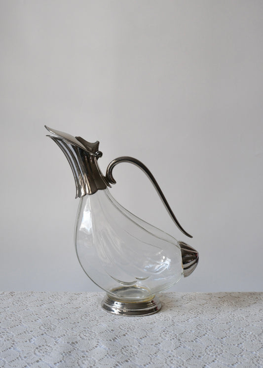 Ancienne carafe "canard" en verre et métal argenté